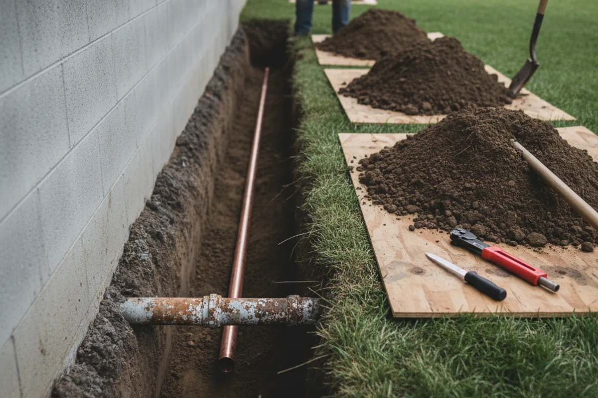 Excavated water line trench during Water Softener Installation in Mead